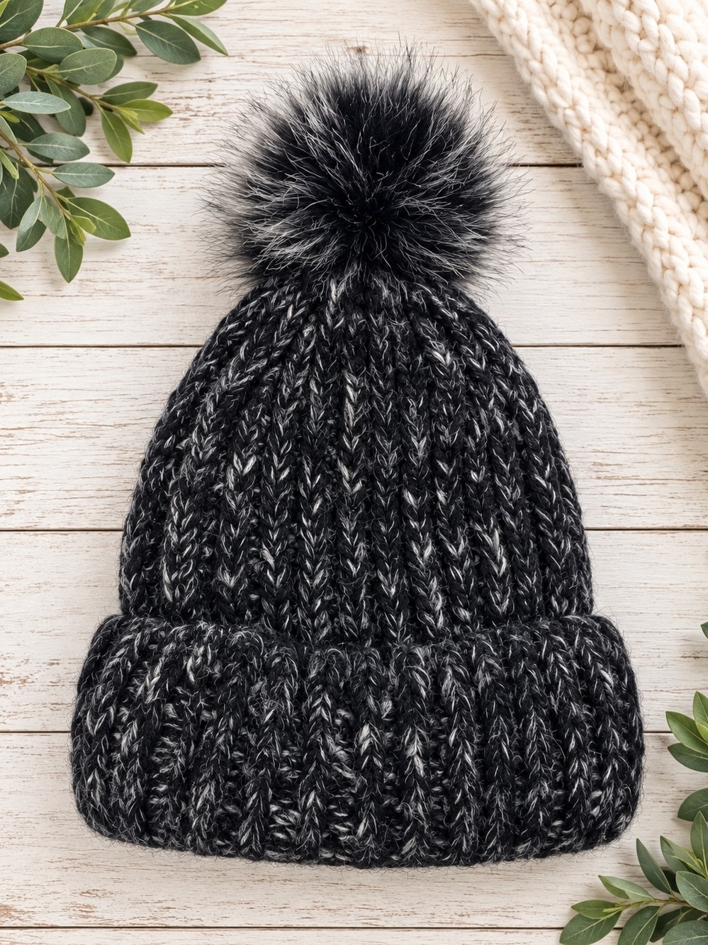 Black & Grey Marled Knit Beanie with Faux Fur Pom Pom | Winter Toque